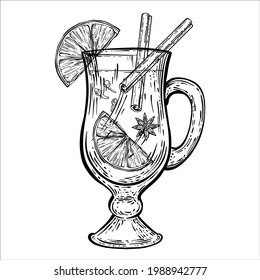 Alcoholic Hot Drink Mulled Wine with orange slices, spices and cinnamon in a transparent glass mug with a handle. Black and white Graphic drawing with outline and strokes