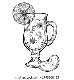 Alcoholic Hot Drink Mulled Wine with orange and apple slices, spices and cinnamon in a transparent glass mug with a handle. Black and white Graphic drawing with outline and strokes