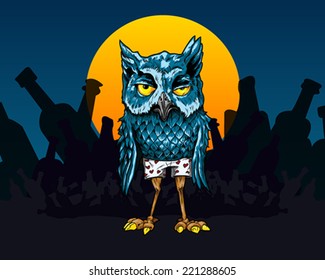 Alcoholic Hung Over Blue Owl Character in heart patterned underpants posing in sunrise at dawn in front of mountain of bottles