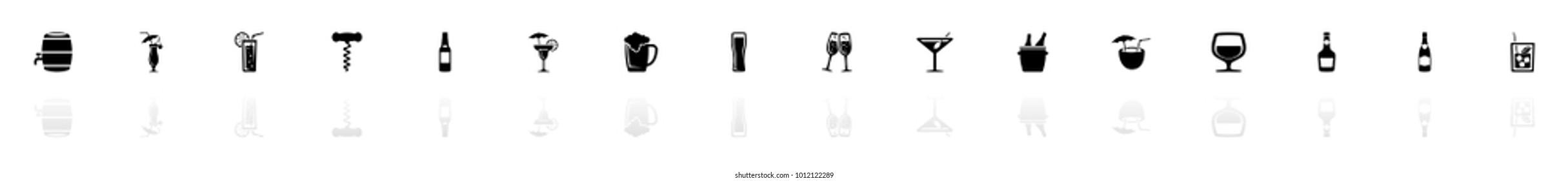 Alcoholic icons - Black horizontal Illustration symbol on White Background with a mirror Shadow reflection. Flat Vector Icon