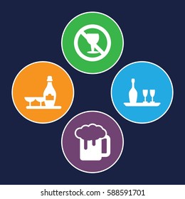 alcoholic icons set. Set of 4 alcoholic filled icons such as champagne and wine glasses, beer mug, no alcohol