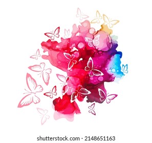 Tinta alcohólica multicolor con mariposas. Ilustración del vector