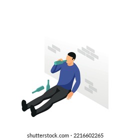 Alcoholic isometric character of drunk man drinking from bottle 3d vector illustration