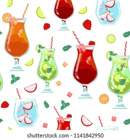 Alcoholic juices cocktails - Seamless pattern. Ice, mint, strawberry, fruit in glasses. Juicy fruit on white background. Vector summer menu illustration. Print on cover, fabric, wallpaper. 