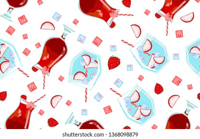 Alcoholic juices cocktails - Seamless pattern. Ice, strawberry, dragon fruit in glass. Juicy fruit on white background. Vector summer bar menu illustration. Print on cover, fabric, wallpaper. 