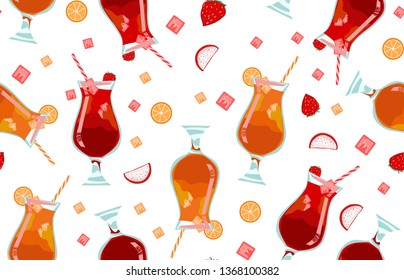Alcoholic juices cocktails - Seamless pattern. Ice, strawberry, orange, dragon fruit in glass. Juicy fruit on white background. Vector summer bar menu illustration. Print on cover, fabric, wallpaper. 