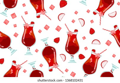 Alcoholic juices cocktails - Seamless pattern. Ice, strawberry, dragon fruit in glasses. Juicy fruit on white background. Vector summer menu illustration. Print on cover, fabric, wallpaper. 