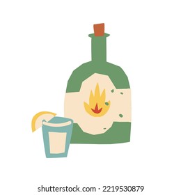 Alcoholic liquor, a tequila bottle, and a glass shot with lime slice decoration. Cute retro-style vector isolated illustration.