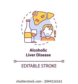 Alcoholic liver disease concept icon. Hepatitis disease idea thin line illustration. Excessive alcohol drinking. Inflamed and swollen organ. Vector isolated outline RGB color drawing. Editable stroke