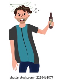 alcoholic man. illustration of an angry drunk holding a beer bottle in his hand.