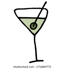 Alcoholic martini cocktail with olives. Summer drink isolated on a white background. Colored flat vector illustration, cartoon.