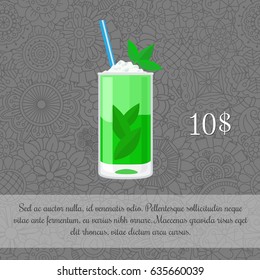 Alcoholic mojito cocktail card template with price and patterned background. Vector illustration