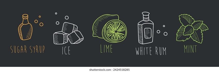 Alcoholic Mojito Cocktail Ingredients Chalk Sketch on Blackboard Background Vector Set