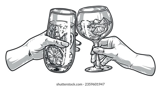 Alcoholic monochrome drinks element colorful with hands of two women with delicious cold juice and vodka beverage vector illustration