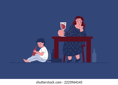 An alcoholic mother and a child playing with a bottle of booze, a metaphor for the transmission of traumas and addictions to generations. A symbol of a dysfunctional family.