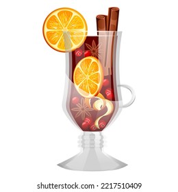 Alcoholic mulled wine in glass isolated on white background. Christmas cocktail with ingredients cinnamon stick, orange slice and red cranberries. Beautiful and tasty winter drink. Vector illustration