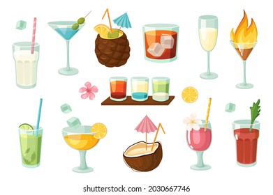 Alcoholic and non-alcoholic cocktails design elements set. Collection of milkshake, martini, mojito, bloody mary, wine, juice, summer drink. Vector illustration isolated objects in flat cartoon style