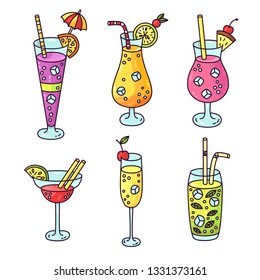 Alcoholic nonalcoholic cocktails tropical fresh beverages doodle cartoon icons vector set