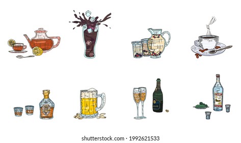 alcoholic and non-alcoholic drinks in glasses and bottles. sketch image stock