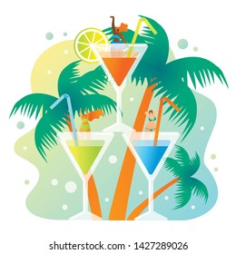 Alcoholic and Non-alcoholic Summer Cocktails. Assortment Summer Cocktails. Gastronomy Tour with Recipes, History and Presentation Most Popular Cocktails this Year. Vector Illustration.