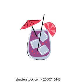 Alcoholic and non-alcoholic summer drinks with ice cubes. A glass of cocktail with an umbrella, lemon, lime, soda and lemonade. Stock vector illustration on a white background.
