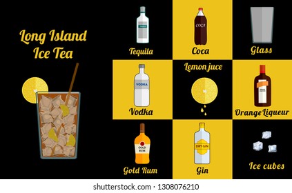 Alcoholic popular cocktail  Long Island Ice Tea recipe with ingredients. Cocktail infographic set. Flat vector illustration. Gin, vodka, gold rum, tequila, orange liqueur, ice. Suitable for animation.