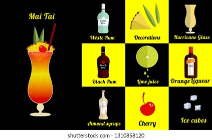 Alcoholic popular cocktail  Mai Tai recipe with ingredients. Cocktail infographic set. Flat vector illustration. White Rum,  lime juice, almond syrups, black rum, ice. Suitable for animation.