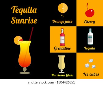 Alcoholic popular cocktail Tequila Sunrise  recipe with ingredients. Cocktail infographic set. Flat vector illustration. Tequila, orange juice, grenadine, cherry. Suitable for animation.