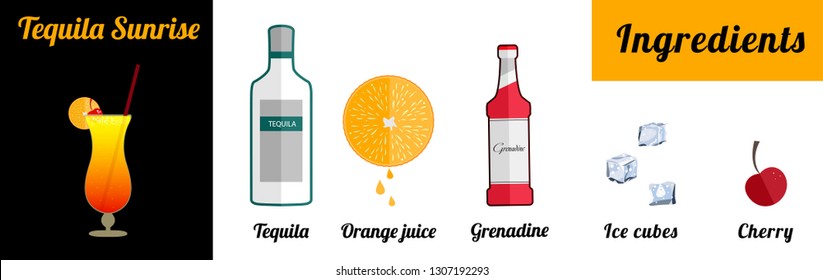 Alcoholic popular cocktail Tequila Sunrise  recipe with ingredients. Cocktail infographic set. Flat vector illustration. Tequila, orange juice, grenadine, cherry. Suitable for animation.