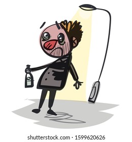 Alcoholic psychosis. Comic character. Vector illustration