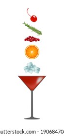 Alcoholic red cocktail cosmopolitan glass and ingredients: ice, orange, cranberry, rosemary, maraschino cherry. Vertical vector illustration