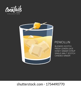 Alcoholic Scotch Whiskey Penicillin Drink Cocktail With Lemon, Honey Syrup And Candied Ginger. Cocktail Glass Vector Illustration On Black Background