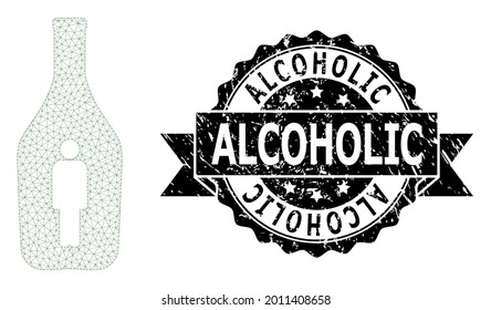 Alcoholic scratched stamp seal and vector alcoholic person mesh structure. Black stamp includes Alcoholic caption inside ribbon and rosette. Abstract flat mesh alcoholic person, built from flat mesh.
