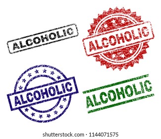 ALCOHOLIC seal prints with damaged texture. Black, green,red,blue vector rubber prints of ALCOHOLIC caption with corroded texture. Rubber seals with circle, rectangle, medal shapes.