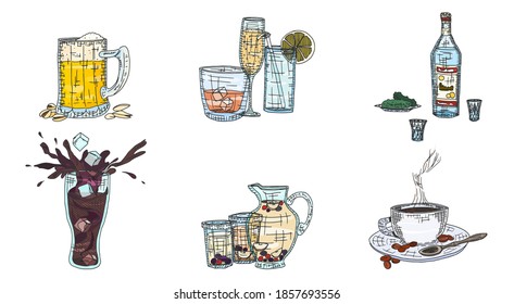 alcoholic and simple drinks. cola juices and beer. vector sketch doodle