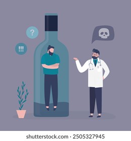 Alcoholic sits inside bottle. Specialist provide help for people with addictions. Doctor treat alcohol addiction. Narcologist talking with addicted man. Treatment for patient. flat vector illustration