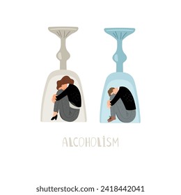 Alcoholic sits inside an upside down glass. A woman with an alcohol addiction was covered by an overturned glass. Alcohol abuse concept vector illustration of glass for drink beverage with people