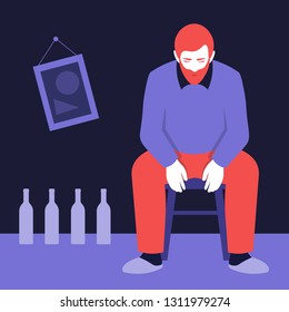 An alcoholic is sitting on a stool next to empty bottles of wine. Psychological addiction. Vector flat illustration