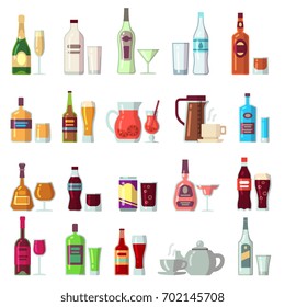 Alcoholic and soft drinks. Beverages in glass and bottles flat vector icons. Cocktail and alcohol bottle, coffee and drink beverage illustration