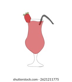 Alcoholic strawberry cocktail drink in modern style thin line. Сontinuous one line drawing of cocktail drink isolated on white background. Vector illustration. Hand made vector not Al
