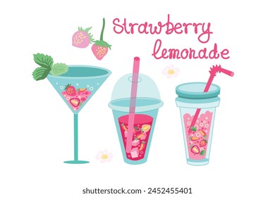 Alcoholic strawberry drinks, lemonades and cocktails set in flat design style. Cute summer stickers with lettering.