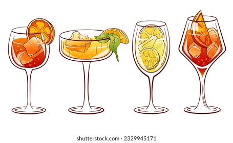 Alkoholische Sommerkollektion Aperol, Limoncello, Hugo, Campari Spritz. Set alkoholischer Cocktails. Vektorgrafik einzeln auf weißem Hintergrund.