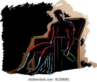 Alcoholic Superhero, slumped in a chair