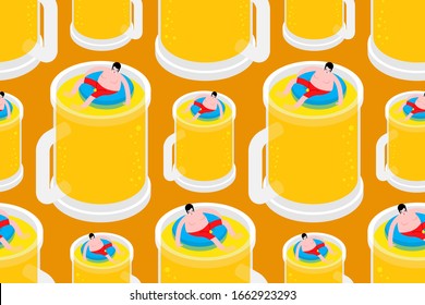 Alcoholic swim in beer pattern seamless. Man swimming inside beer mug. vector background