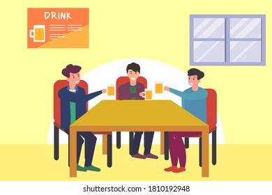 Alcoholic vector concept: Friends toasting with glasses of light beer at the pub