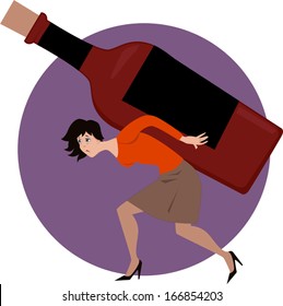 Alcoholic woman carrying a bottle of liqueur, vector illustration