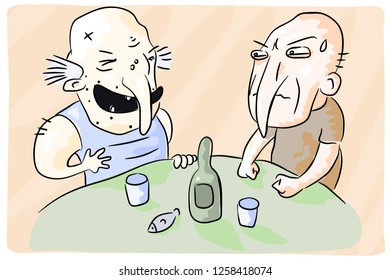Alcoholics. Drunken feast. Angry laugh at the table. Vector caricature
