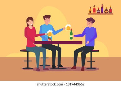 Alcoholics vector concept: Group of friends drinking beer while sitting on the chair in the pub