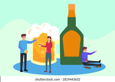 Alcoholics vector concept: Group of young people enjoying beer with drunk person and beer glass