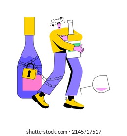 Alcoholism abstract concept vector illustration. Alcohol use disorder, drinking problem control, addiction, sitting at bar, empty vodka bottles, drunk man, liquor store abstract metaphor.